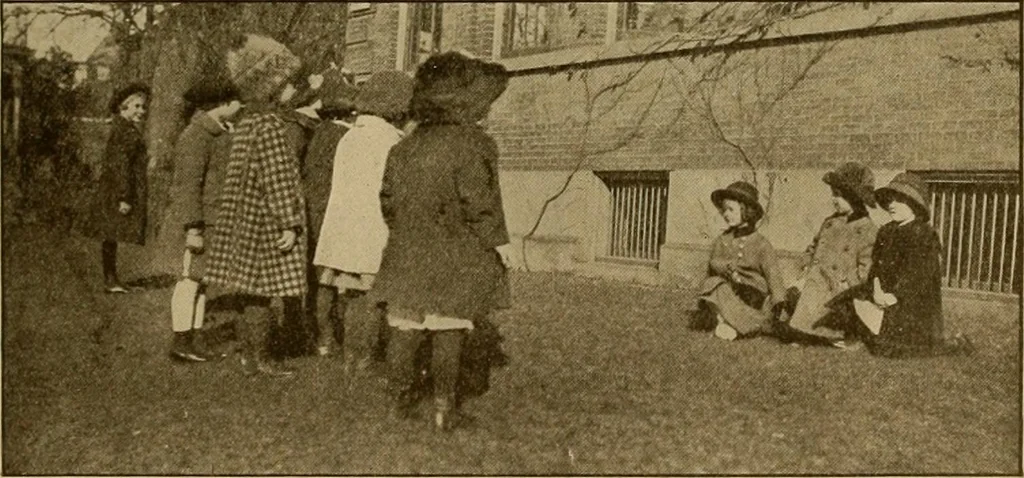 An illustration from Rhythmic action plays and dances; a book of original games and dances, arranged progressively, to Mother Goose and other action songs, with a teaching introductory; for the kindergarten, primary schools, playground and gymnasium, 1915, leaf 154