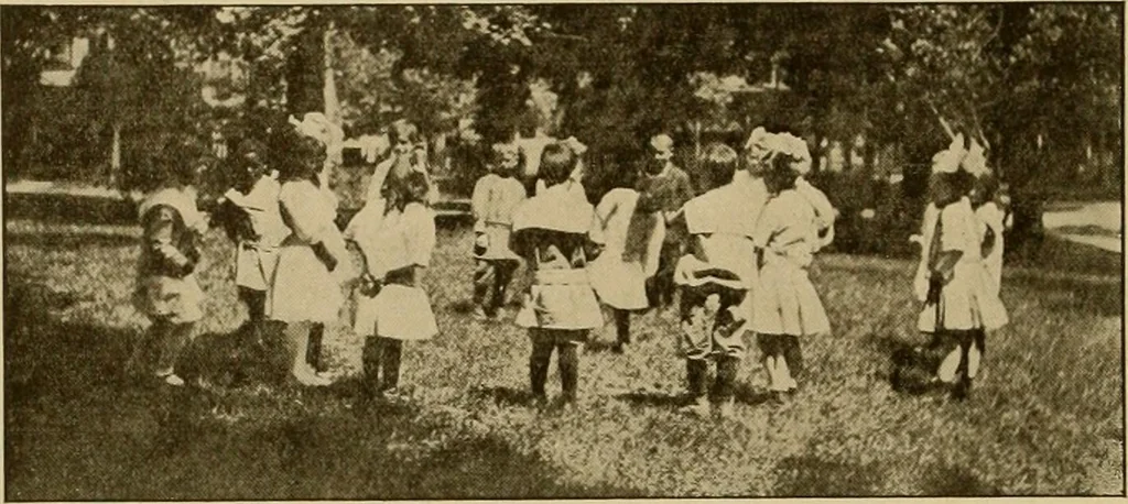 An illustration from Rhythmic action plays and dances; a book of original games and dances, arranged progressively, to Mother Goose and other action songs, with a teaching introductory; for the kindergarten, primary schools, playground and gymnasium, 1915, leaf 161