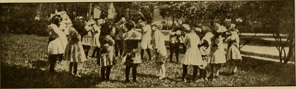 An illustration from Rhythmic action plays and dances; a book of original games and dances, arranged progressively, to Mother Goose and other action songs, with a teaching introductory; for the kindergarten, primary schools, playground and gymnasium, 1915, leaf 42