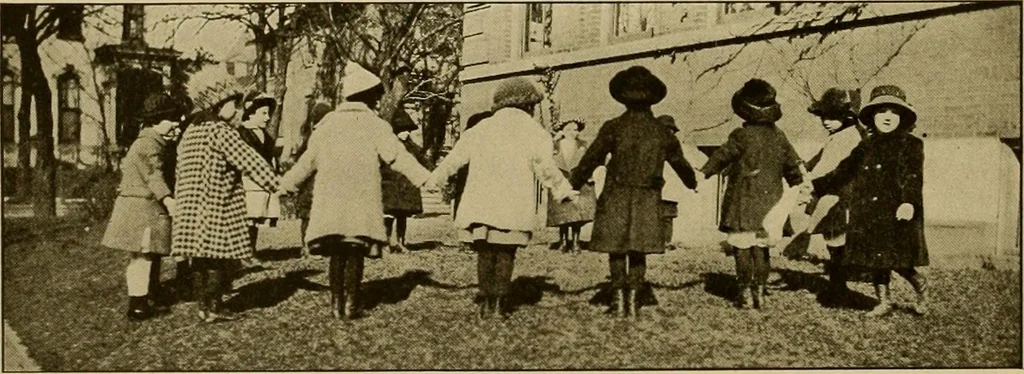 An illustration from Rhythmic action plays and dances; a book of original games and dances, arranged progressively, to Mother Goose and other action songs, with a teaching introductory; for the kindergarten, primary schools, playground and gymnasium, 1915, leaf 43