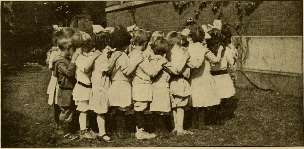 An illustration from Rhythmic action plays and dances; a book of original games and dances, arranged progressively, to Mother Goose and other action songs, with a teaching introductory; for the kindergarten, primary schools, playground and gymnasium, 1915, leaf 45