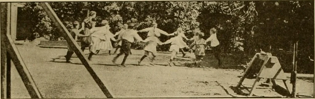 An illustration from Rhythmic action plays and dances; a book of original games and dances, arranged progressively, to Mother Goose and other action songs, with a teaching introductory; for the kindergarten, primary schools, playground and gymnasium, 1915, leaf 54