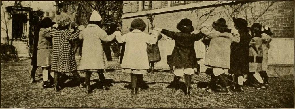 An illustration from Rhythmic action plays and dances; a book of original games and dances, arranged progressively, to Mother Goose and other action songs, with a teaching introductory; for the kindergarten, primary schools, playground and gymnasium, 1915, leaf 58