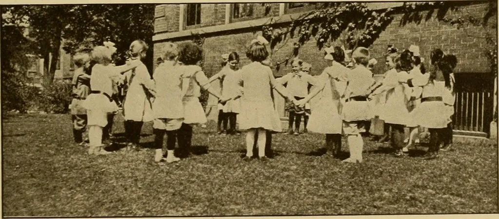 An illustration from Rhythmic action plays and dances; a book of original games and dances, arranged progressively, to Mother Goose and other action songs, with a teaching introductory; for the kindergarten, primary schools, playground and gymnasium, 1915, leaf 60