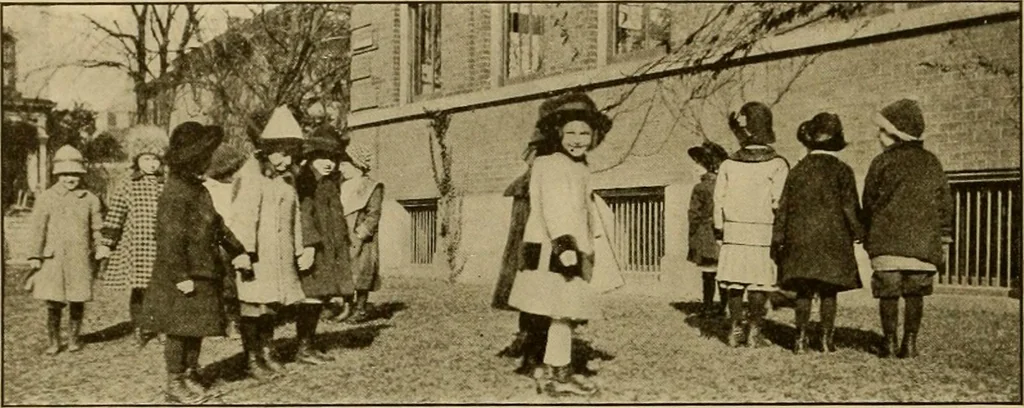 An illustration from Rhythmic action plays and dances; a book of original games and dances, arranged progressively, to Mother Goose and other action songs, with a teaching introductory; for the kindergarten, primary schools, playground and gymnasium, 1915, leaf 65