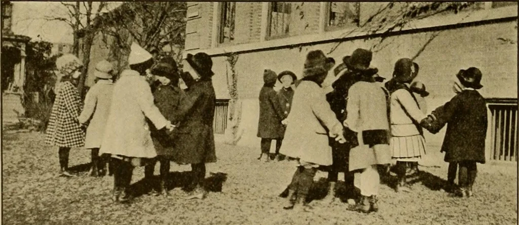 An illustration from Rhythmic action plays and dances; a book of original games and dances, arranged progressively, to Mother Goose and other action songs, with a teaching introductory; for the kindergarten, primary schools, playground and gymnasium, 1915, leaf 65