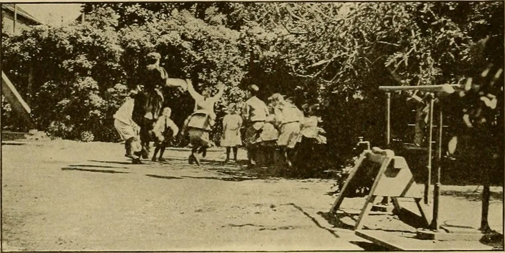 An illustration from Rhythmic action plays and dances; a book of original games and dances, arranged progressively, to Mother Goose and other action songs, with a teaching introductory; for the kindergarten, primary schools, playground and gymnasium, 1915, leaf 87