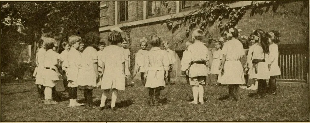 An illustration from Rhythmic action plays and dances; a book of original games and dances, arranged progressively, to Mother Goose and other action songs, with a teaching introductory; for the kindergarten, primary schools, playground and gymnasium, 1915, leaf 98