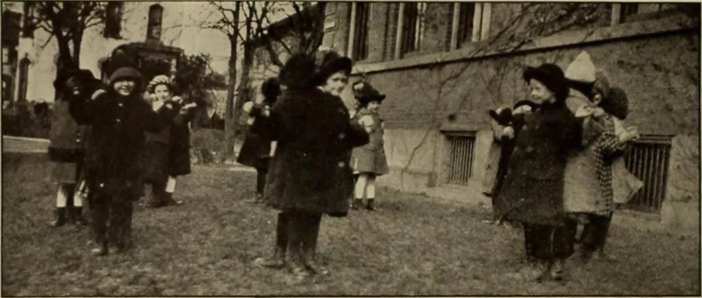 An illustration from Rhythmic action plays and dances; a book of original games and dances, arranged progressively, to Mother Goose and other action songs, with a teaching introductory; for the kindergarten, primary schools, playground and gymnasium, 1915, leaf 143
