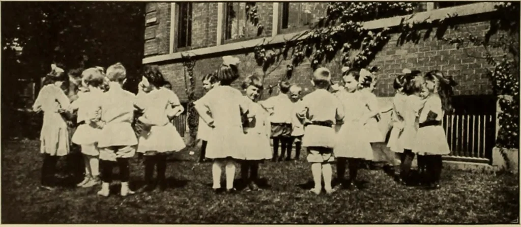 An illustration from Rhythmic action plays and dances; a book of original games and dances, arranged progressively, to Mother Goose and other action songs, with a teaching introductory; for the kindergarten, primary schools, playground and gymnasium, 1915, leaf 145