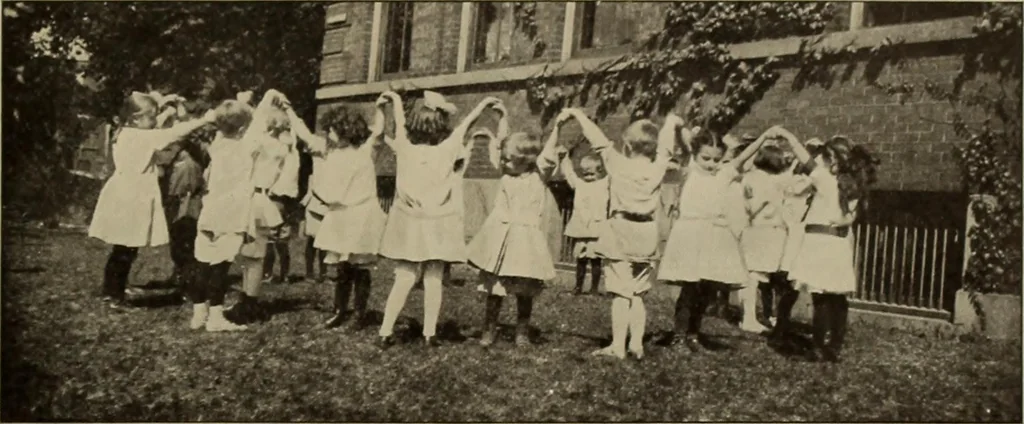 An illustration from Rhythmic action plays and dances; a book of original games and dances, arranged progressively, to Mother Goose and other action songs, with a teaching introductory; for the kindergarten, primary schools, playground and gymnasium, 1915, leaf 146