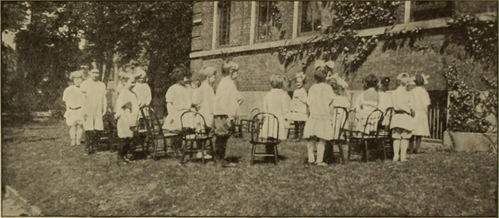 An illustration from Rhythmic action plays and dances; a book of original games and dances, arranged progressively, to Mother Goose and other action songs, with a teaching introductory; for the kindergarten, primary schools, playground and gymnasium, 1915, leaf 152