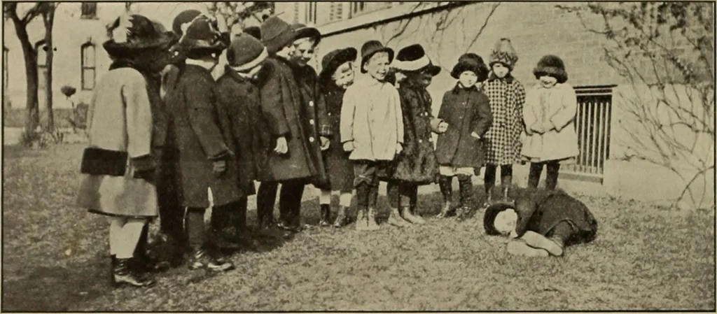 An illustration from Rhythmic action plays and dances; a book of original games and dances, arranged progressively, to Mother Goose and other action songs, with a teaching introductory; for the kindergarten, primary schools, playground and gymnasium, 1915, leaf 153