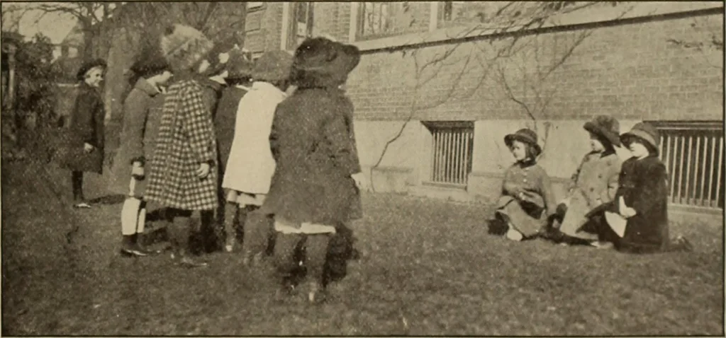 An illustration from Rhythmic action plays and dances; a book of original games and dances, arranged progressively, to Mother Goose and other action songs, with a teaching introductory; for the kindergarten, primary schools, playground and gymnasium, 1915, leaf 154