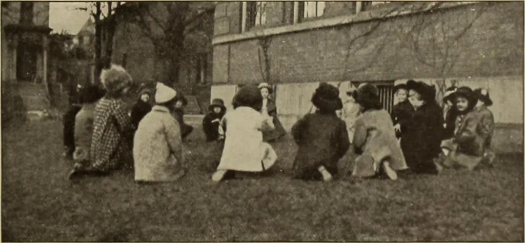 An illustration from Rhythmic action plays and dances; a book of original games and dances, arranged progressively, to Mother Goose and other action songs, with a teaching introductory; for the kindergarten, primary schools, playground and gymnasium, 1915, leaf 40