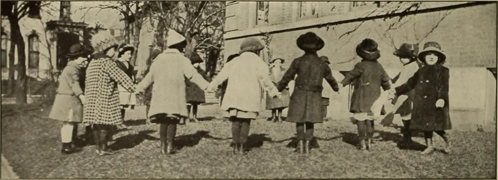 An illustration from Rhythmic action plays and dances; a book of original games and dances, arranged progressively, to Mother Goose and other action songs, with a teaching introductory; for the kindergarten, primary schools, playground and gymnasium, 1915, leaf 43