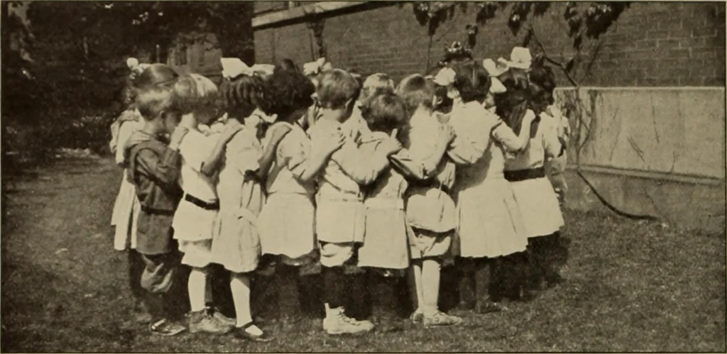 An illustration from Rhythmic action plays and dances; a book of original games and dances, arranged progressively, to Mother Goose and other action songs, with a teaching introductory; for the kindergarten, primary schools, playground and gymnasium, 1915, leaf 45