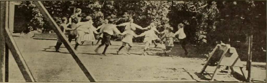 An illustration from Rhythmic action plays and dances; a book of original games and dances, arranged progressively, to Mother Goose and other action songs, with a teaching introductory; for the kindergarten, primary schools, playground and gymnasium, 1915, leaf 54