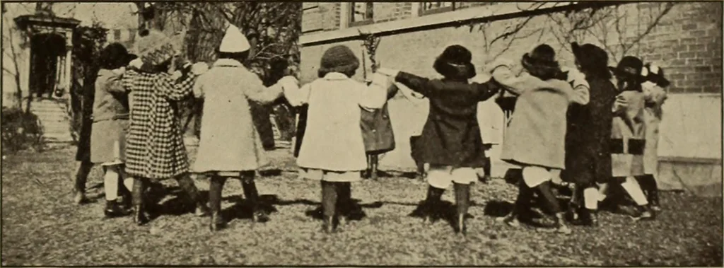 An illustration from Rhythmic action plays and dances; a book of original games and dances, arranged progressively, to Mother Goose and other action songs, with a teaching introductory; for the kindergarten, primary schools, playground and gymnasium, 1915, leaf 58