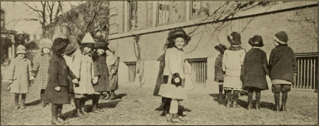 An illustration from Rhythmic action plays and dances; a book of original games and dances, arranged progressively, to Mother Goose and other action songs, with a teaching introductory; for the kindergarten, primary schools, playground and gymnasium, 1915, leaf 65