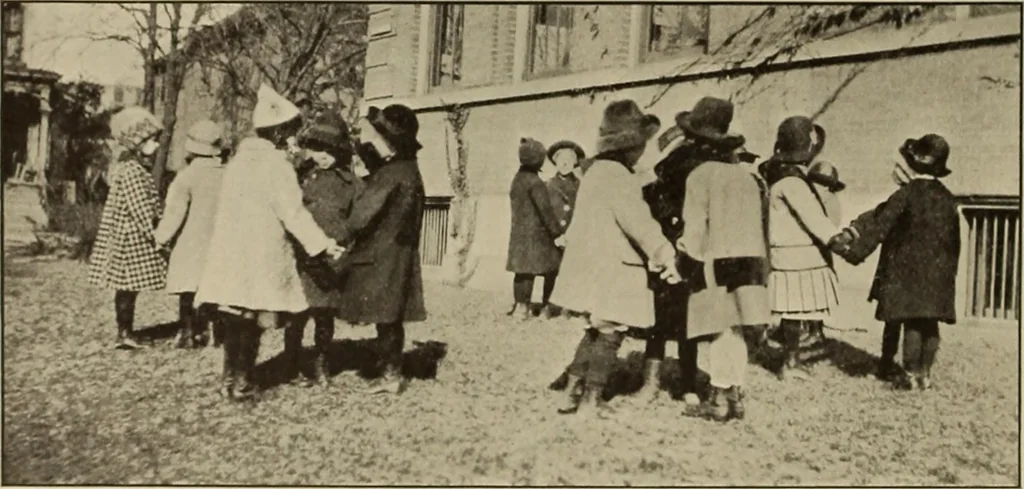 An illustration from Rhythmic action plays and dances; a book of original games and dances, arranged progressively, to Mother Goose and other action songs, with a teaching introductory; for the kindergarten, primary schools, playground and gymnasium, 1915, leaf 65