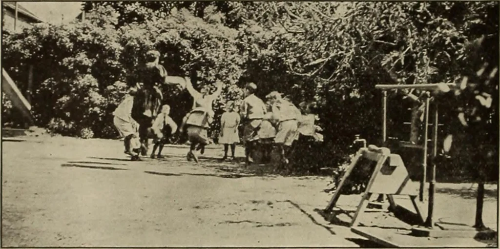 An illustration from Rhythmic action plays and dances; a book of original games and dances, arranged progressively, to Mother Goose and other action songs, with a teaching introductory; for the kindergarten, primary schools, playground and gymnasium, 1915, leaf 87