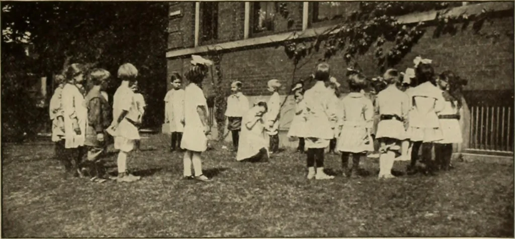 An illustration from Rhythmic action plays and dances; a book of original games and dances, arranged progressively, to Mother Goose and other action songs, with a teaching introductory; for the kindergarten, primary schools, playground and gymnasium, 1915, leaf 88