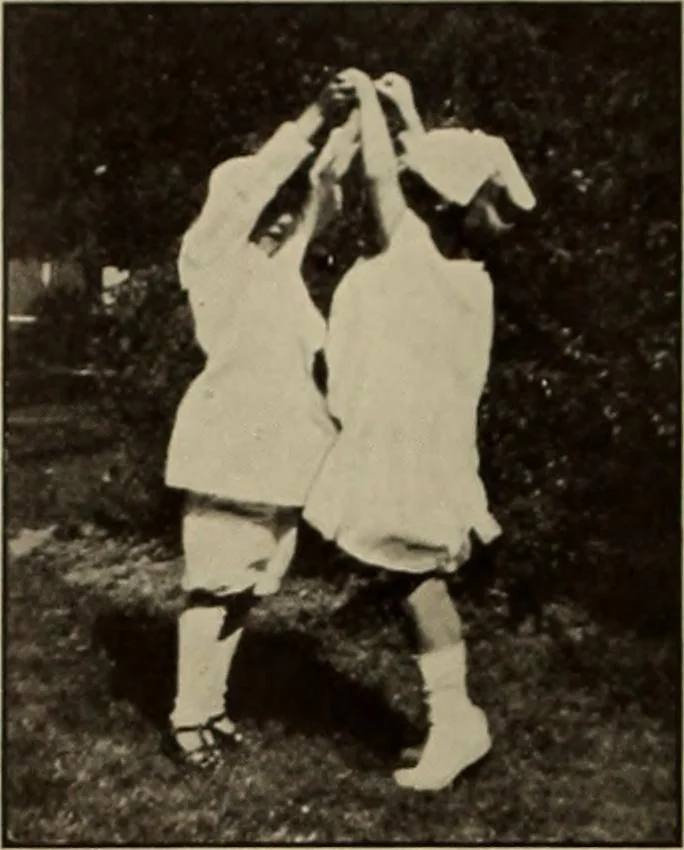 An illustration from Rhythmic action plays and dances; a book of original games and dances, arranged progressively, to Mother Goose and other action songs, with a teaching introductory; for the kindergarten, primary schools, playground and gymnasium, 1915, leaf 93