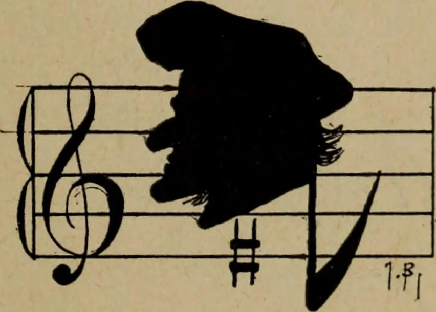 An illustration from Richard Wagner en caricatures : 130 reproductions de caricatures françaises, allemandes, anglaises, italiennes, portraits : autographes (lettre et musique) dessins originaux de J. Blass, Moloch et Tiret-Bognet, 1892, leaf 10