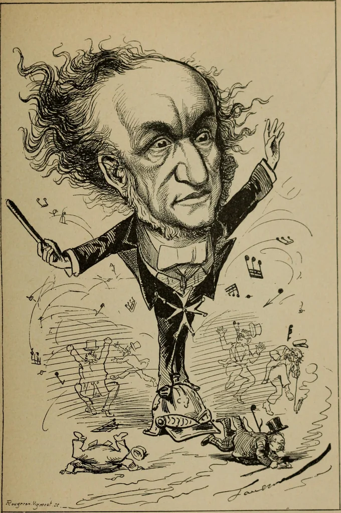 An illustration from Richard Wagner en caricatures : 130 reproductions de caricatures françaises, allemandes, anglaises, italiennes, portraits : autographes (lettre et musique) dessins originaux de J. Blass, Moloch et Tiret-Bognet, 1892, leaf 100