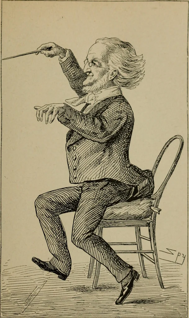 An illustration from Richard Wagner en caricatures : 130 reproductions de caricatures françaises, allemandes, anglaises, italiennes, portraits : autographes (lettre et musique) dessins originaux de J. Blass, Moloch et Tiret-Bognet, 1892, leaf 102