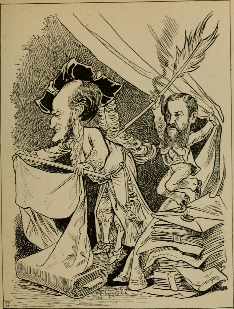 An illustration from Richard Wagner en caricatures : 130 reproductions de caricatures françaises, allemandes, anglaises, italiennes, portraits : autographes (lettre et musique) dessins originaux de J. Blass, Moloch et Tiret-Bognet, 1892, leaf 104