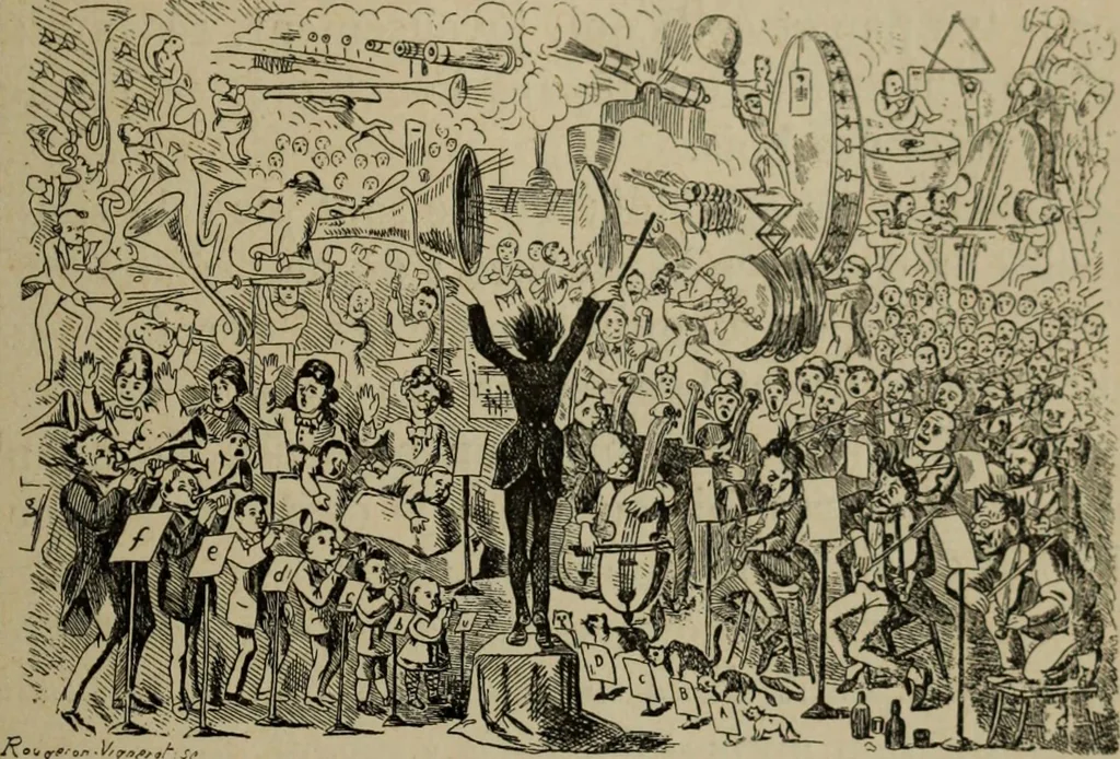 An illustration from Richard Wagner en caricatures : 130 reproductions de caricatures françaises, allemandes, anglaises, italiennes, portraits : autographes (lettre et musique) dessins originaux de J. Blass, Moloch et Tiret-Bognet, 1892, leaf 112