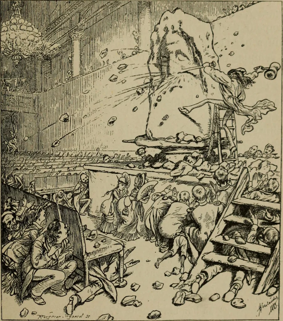 An illustration from Richard Wagner en caricatures : 130 reproductions de caricatures françaises, allemandes, anglaises, italiennes, portraits : autographes (lettre et musique) dessins originaux de J. Blass, Moloch et Tiret-Bognet, 1892, leaf 114