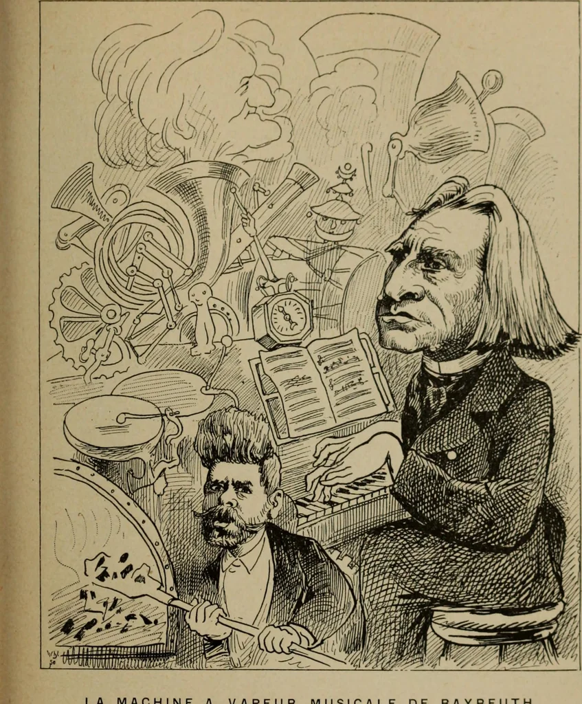 An illustration from Richard Wagner en caricatures : 130 reproductions de caricatures françaises, allemandes, anglaises, italiennes, portraits : autographes (lettre et musique) dessins originaux de J. Blass, Moloch et Tiret-Bognet, 1892, leaf 116