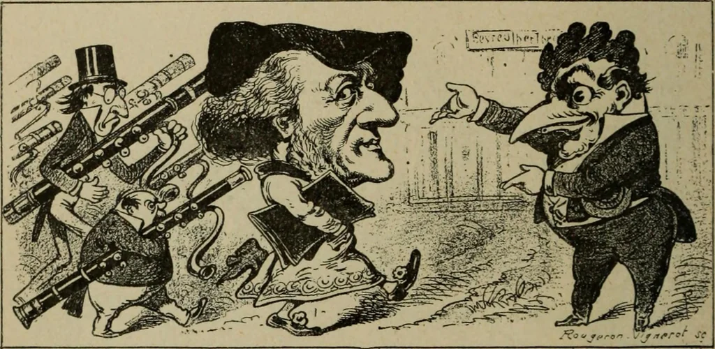 An illustration from Richard Wagner en caricatures : 130 reproductions de caricatures françaises, allemandes, anglaises, italiennes, portraits : autographes (lettre et musique) dessins originaux de J. Blass, Moloch et Tiret-Bognet, 1892, leaf 119