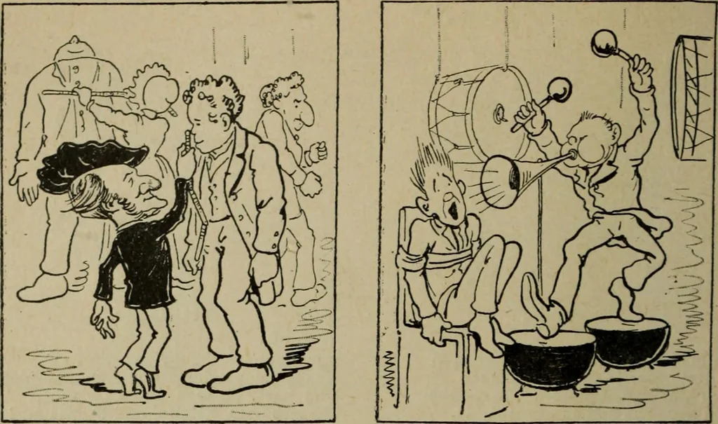 An illustration from Richard Wagner en caricatures : 130 reproductions de caricatures françaises, allemandes, anglaises, italiennes, portraits : autographes (lettre et musique) dessins originaux de J. Blass, Moloch et Tiret-Bognet, 1892, leaf 123
