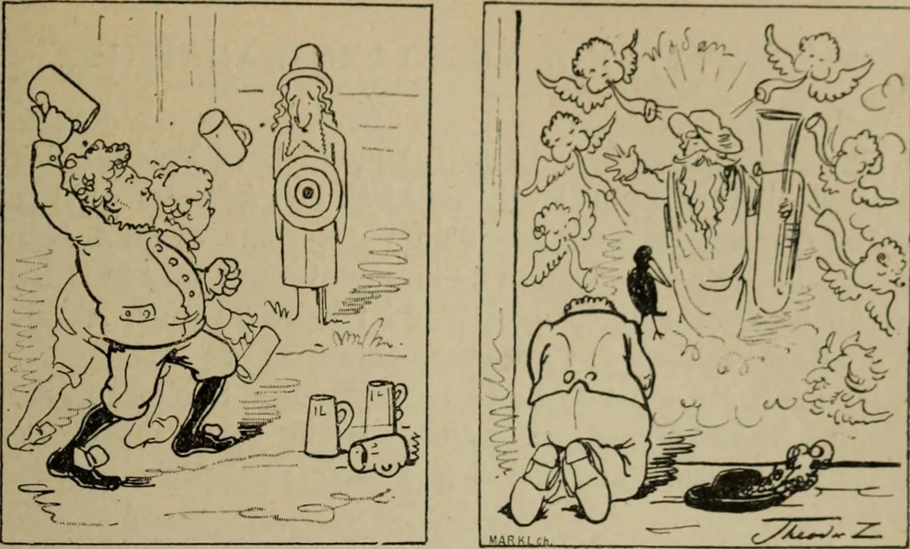 An illustration from Richard Wagner en caricatures : 130 reproductions de caricatures françaises, allemandes, anglaises, italiennes, portraits : autographes (lettre et musique) dessins originaux de J. Blass, Moloch et Tiret-Bognet, 1892, leaf 124