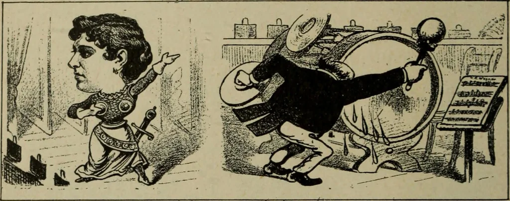 An illustration from Richard Wagner en caricatures : 130 reproductions de caricatures françaises, allemandes, anglaises, italiennes, portraits : autographes (lettre et musique) dessins originaux de J. Blass, Moloch et Tiret-Bognet, 1892, leaf 129