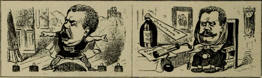 An illustration from Richard Wagner en caricatures : 130 reproductions de caricatures françaises, allemandes, anglaises, italiennes, portraits : autographes (lettre et musique) dessins originaux de J. Blass, Moloch et Tiret-Bognet, 1892, leaf 129
