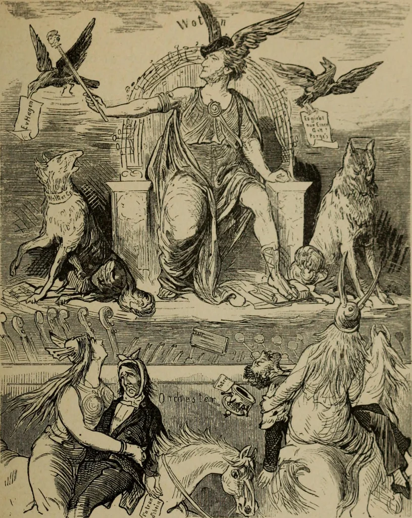 An illustration from Richard Wagner en caricatures : 130 reproductions de caricatures françaises, allemandes, anglaises, italiennes, portraits : autographes (lettre et musique) dessins originaux de J. Blass, Moloch et Tiret-Bognet, 1892, leaf 132