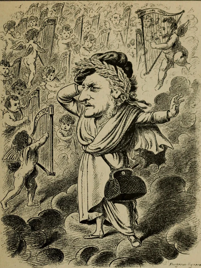 An illustration from Richard Wagner en caricatures : 130 reproductions de caricatures françaises, allemandes, anglaises, italiennes, portraits : autographes (lettre et musique) dessins originaux de J. Blass, Moloch et Tiret-Bognet, 1892, leaf 136