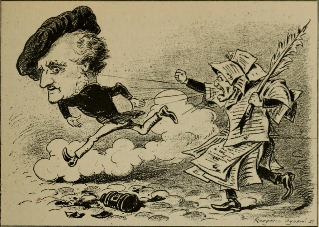 An illustration from Richard Wagner en caricatures : 130 reproductions de caricatures françaises, allemandes, anglaises, italiennes, portraits : autographes (lettre et musique) dessins originaux de J. Blass, Moloch et Tiret-Bognet, 1892, leaf 138