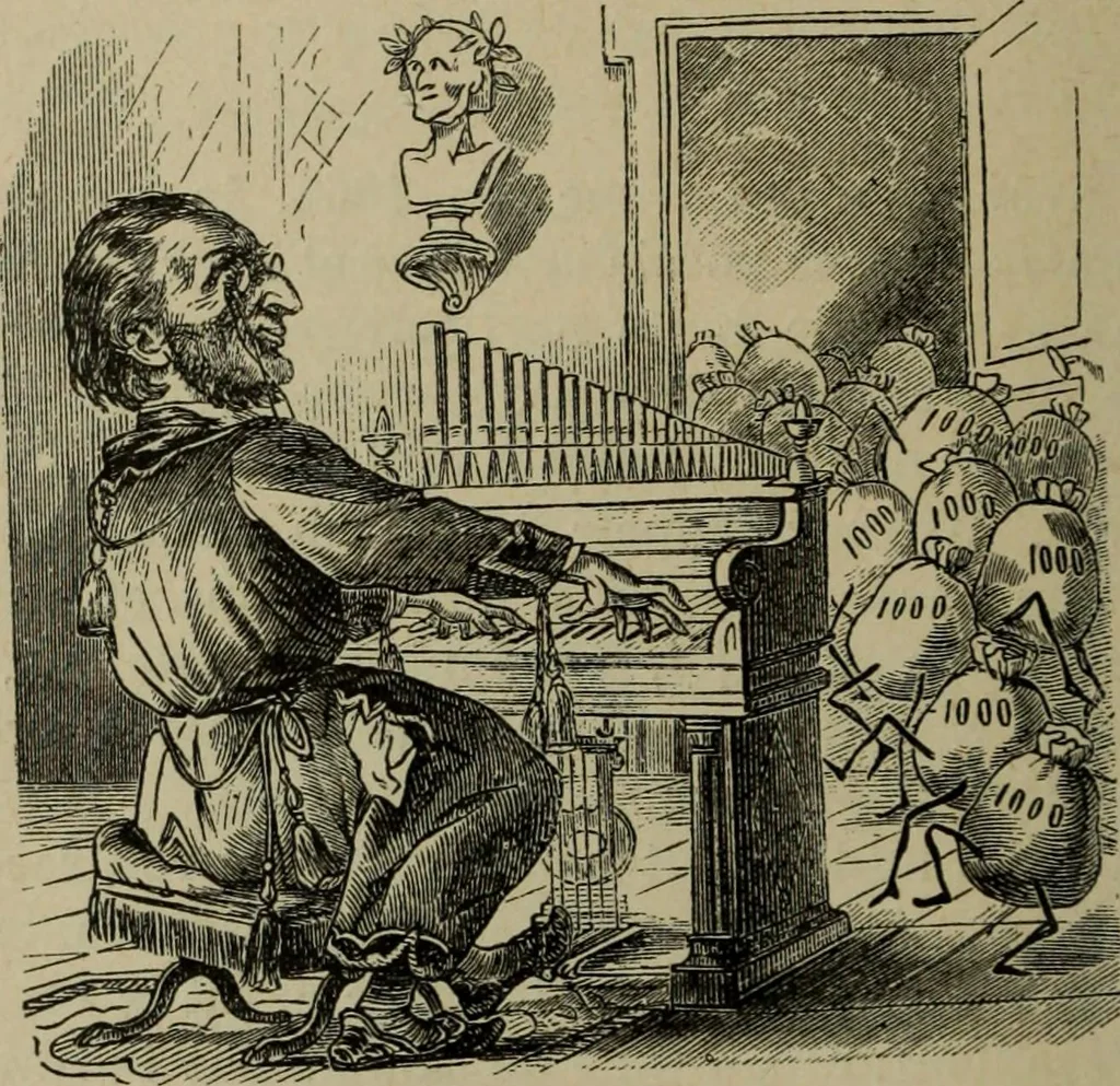 An illustration from Richard Wagner en caricatures : 130 reproductions de caricatures françaises, allemandes, anglaises, italiennes, portraits : autographes (lettre et musique) dessins originaux de J. Blass, Moloch et Tiret-Bognet, 1892, leaf 145