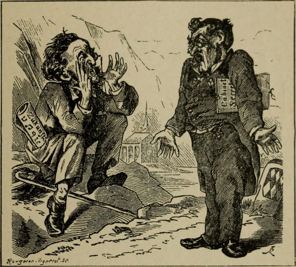 An illustration from Richard Wagner en caricatures : 130 reproductions de caricatures françaises, allemandes, anglaises, italiennes, portraits : autographes (lettre et musique) dessins originaux de J. Blass, Moloch et Tiret-Bognet, 1892, leaf 148