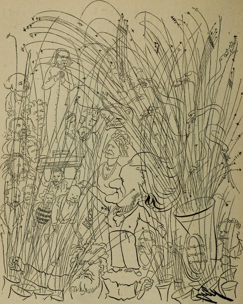 An illustration from Richard Wagner en caricatures : 130 reproductions de caricatures françaises, allemandes, anglaises, italiennes, portraits : autographes (lettre et musique) dessins originaux de J. Blass, Moloch et Tiret-Bognet, 1892, leaf 149