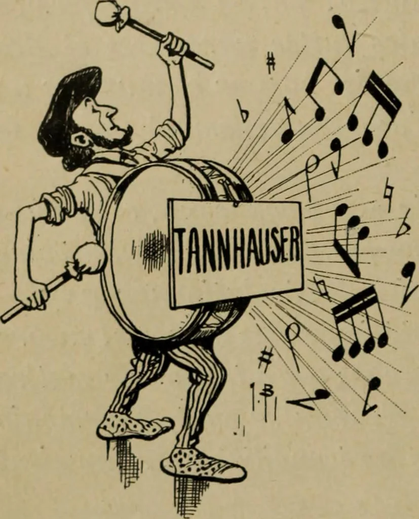An illustration from Richard Wagner en caricatures : 130 reproductions de caricatures françaises, allemandes, anglaises, italiennes, portraits : autographes (lettre et musique) dessins originaux de J. Blass, Moloch et Tiret-Bognet, 1892, leaf 15