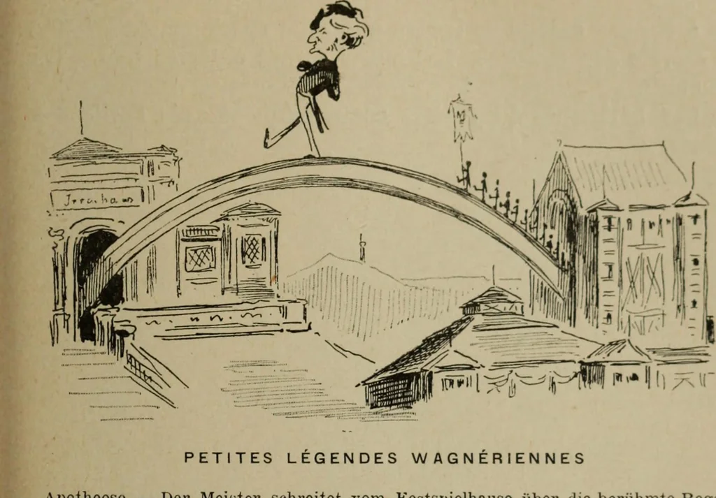 An illustration from Richard Wagner en caricatures : 130 reproductions de caricatures françaises, allemandes, anglaises, italiennes, portraits : autographes (lettre et musique) dessins originaux de J. Blass, Moloch et Tiret-Bognet, 1892, leaf 152