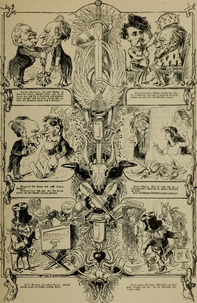 An illustration from Richard Wagner en caricatures : 130 reproductions de caricatures françaises, allemandes, anglaises, italiennes, portraits : autographes (lettre et musique) dessins originaux de J. Blass, Moloch et Tiret-Bognet, 1892, leaf 154