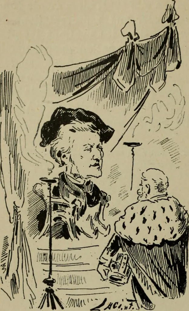 An illustration from Richard Wagner en caricatures : 130 reproductions de caricatures françaises, allemandes, anglaises, italiennes, portraits : autographes (lettre et musique) dessins originaux de J. Blass, Moloch et Tiret-Bognet, 1892, leaf 161